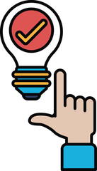 A hand pointing to a light bulb with a check mark on it