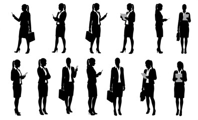 Fototapeta premium Businesswoman Silhouettes Collection with Briefcase and Tablet | Vector Set of Professional Women in Formal Attire for Corporate Design and Presentations