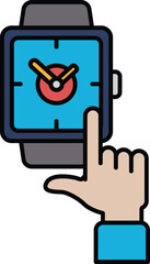 A watch with a blue face and a red hour hand pointing to the number 3