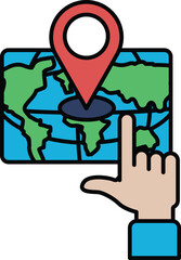 A hand pointing to a map of the world