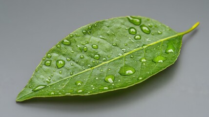 Vibrant Green Leaf with Water Droplets on Grey Background