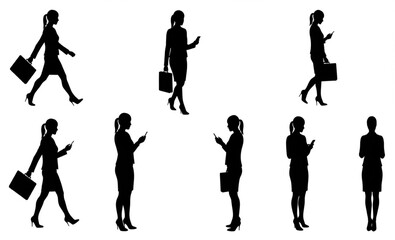 Businesswoman Silhouettes Set with Briefcases and Smartphones | Corporate Female Figures for Business, Technology, and Finance Marketing