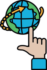 A hand pointing at a globe with an arrow pointing to the right