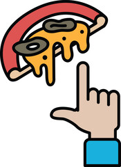 A hand pointing at a slice of pizza with cheese and olives on it