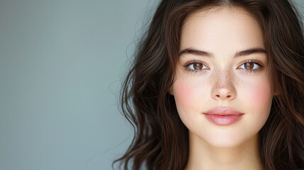 Naklejka premium the close up portrait of a beautiful brunette woman on a gray background showcases her flawless complexion, striking features, and captivating gaze