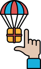 A hand pointing at a red, white, and blue parachute