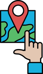 A hand pointing to a map with a red pin on it