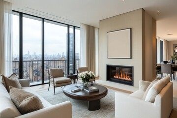 A modern living room featuring cozy. circular armchairs arranged around a central coffee table. with a warm fireplace and large windows showcasing a cityscape in the background
