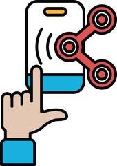 A hand pointing to a phone with a red and blue circle on it
