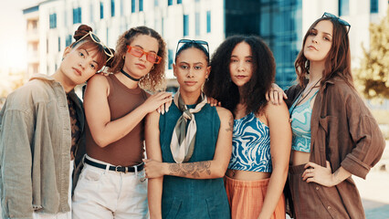 Girls, group and fashion in city with streetwear, edgy clothes and confident with portrait. Cool, friends and women outdoor with trendy sunglasses, urban outfit and attitude with gen z style for swag