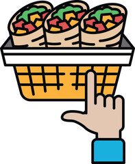 A hand pointing at a basket of food