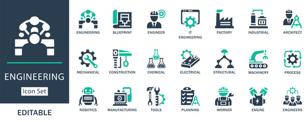 Modern engineering icon set. Featuring factory, tools, robotics, architecture, mechanical, and industrial elements. Ideal for construction, planning, and tech design projects.