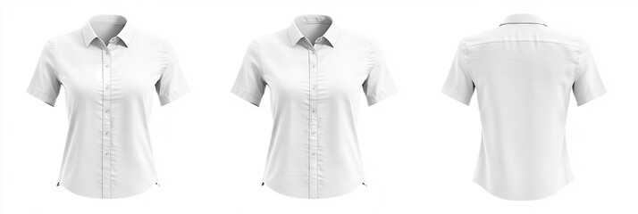 A collection of three views of a plain white short-sleeve shirt displayed against a neutral background. ideal for showcasing apparel design or fashion concepts