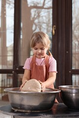 Hobby and craft. Little girl making pottery indoors