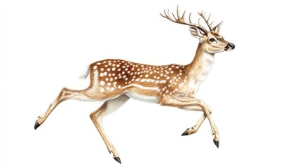Obraz premium A deer with antlers is walking across, Spotted Deer (Chital) with Antlers Walking – Full Body Isolated on Transparent Background, photo of a deer floating mid-air, Leaping deer in motion.