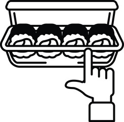 A hand pointing at a tray of sushi