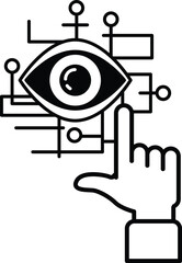 A black and white image of a hand pointing at an eye