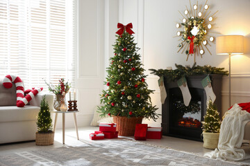 Cozy spacious room decorated for Christmas. Festive interior design