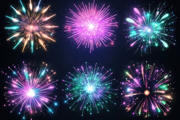 Naklejka premium Set of colorful fireworks bursts isolated on white background, bright lights and shapes perfect for celebration and festive themes