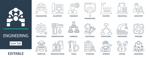 Editable engineering line icon set. Includes mechanical, robotics, architecture, chemical, factory, and construction symbols. Perfect for web, apps,  and print.