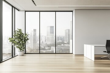 Obraz premium A modern. spacious hallway featuring large windows that allow natural light to flood in. showcasing a minimalist design with a blank canvas ready for art installation