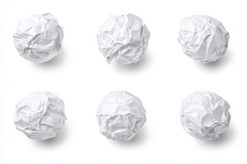 Set of crumpled paper balls isolated on white background, symbolizing creativity, ideas, and discarded drafts concept