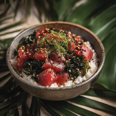 Authentic Hawaiian poke bowl with raw tuna, seaweed, and rice