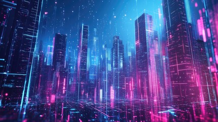 Obraz premium A vibrant digital cityscape at night. showcasing illuminated skyscrapers with neon colors. reflecting a futuristic urban environment bustling with technology