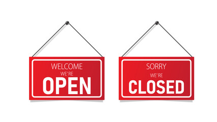 Set of open and closed hanging sign boards on the door. sign for cafe, restaurant, bar or retail store.