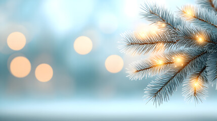 Winter snowy pine Christmas tree scenery Fir branches adorned with hoar frost create a Wonderland The wintry season is approaching for the New Year Serene blurred snowflakes form a winter background