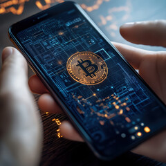 A modern smartphone with a sleek metallic design displays a digital cryptocurrency interface being operated by a person's fingers with crypto currency concept. High quality photo