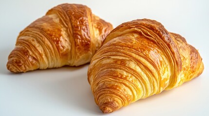 a freshly baked croissant with a golden brown crust, flaky layers, on a clean white background.