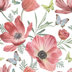 Red Anemone, green leaves, colorful butterflies watercolor seamless pattern isolated on white. Poppy spring botanical illustration. Summer blossom background
