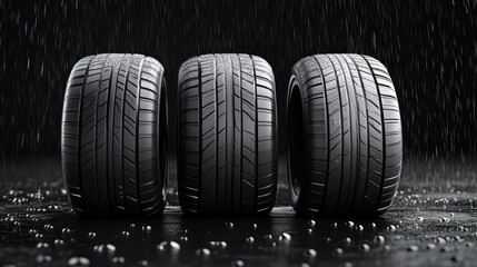 Obraz premium Close-up of two high-performance tires with water droplets on their surface. showcasing tread patterns. against a dark background. emphasizing their grip and performance in wet conditions
