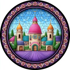 Whimsical Village Scene with Pink Church and Floral Border