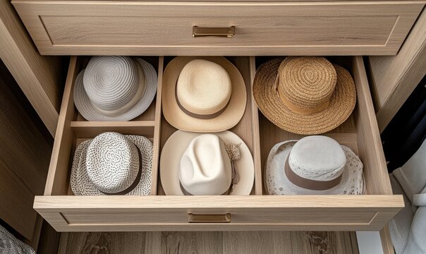 A stylish straw hat rests in an open drawer of a modern wardrobe. surrounded by neatly organized clothing items. suggesting a well-curated fashion space