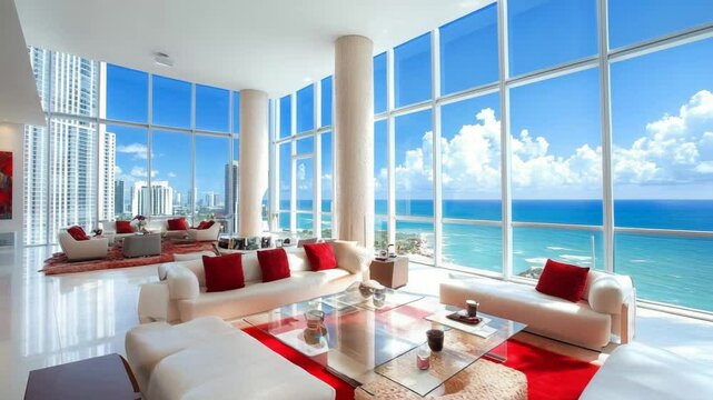 A large, open living room with a view of the ocean. The room is filled with white furniture and red accents, creating a warm and inviting atmosphere. The large windows let in plenty of natural light