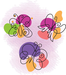 Three Abstract Butterflies Line Art Watercolor Background