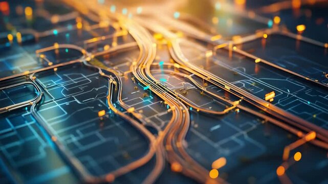 A map of a city with a bunch of icons on it. The icons are of various shapes and sizes, and they are scattered all over the map. The map is orange and white, and it looks like a 3D rendering of a city