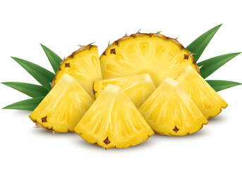 Vibrant yellow sliced pineapple wedges with green leaves, a fresh and juicy tropical still life."