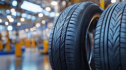 A sleek black tire stands prominently on a polished factory floor. showcasing modern automotive design. with machinery and workers engaged in production in the background