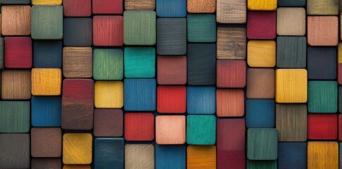 A vibrant arrangement of colorful wooden blocks stacked closely together. showcasing various textures and shades. suitable for educational materials and creative projects