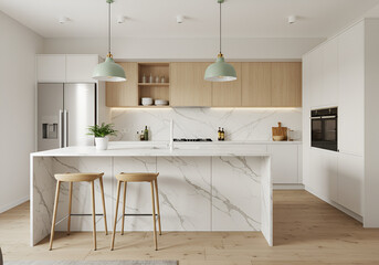Sophisticated modern kitchen boasting sleek white cabinets, green pendant lights, and a marble countertop with wooden stools, ideal for dining."