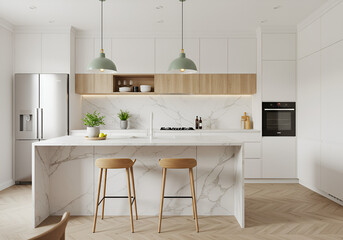 Elegant modern kitchen with sleek white cabinets, green pendant lights, and a marble countertop with wooden stools, ideal for a stylish dining and cooking space