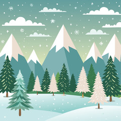 Obraz premium Snowy forest with fir trees vector illustration in scandinavian laconic style. Christmas natural background for postcards and invitations. New Year's backdrop of cold northern nature. 