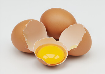 Tempting broken brown eggs with bright yellow yolk on a plain white surface, excellent for food art."