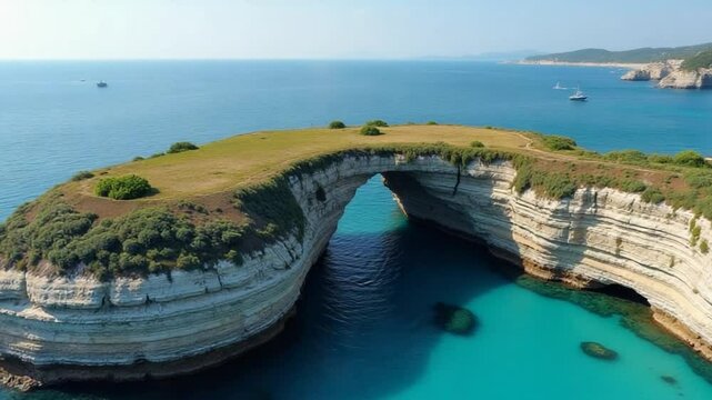 Drone view of a natural stone arch