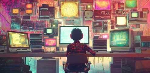 A futuristic robot with glowing red eyes sits at a control center surrounded by multiple screens displaying complex data and graphics. evoking a high-tech atmosphere