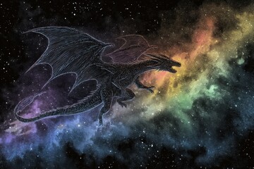 A dark, mythical dragon soars through a vibrant cosmic nebula.