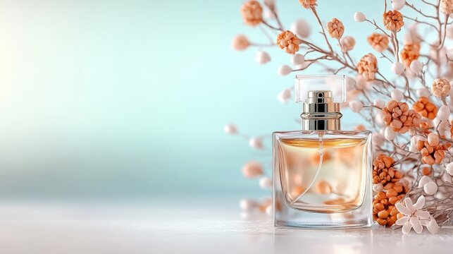 aesthetically pleasing transparent glass perfume bottles, adorned with delicate floral motifs, evoke a sense of fresh spring romance and elegance in this stylish parfumerie banner.